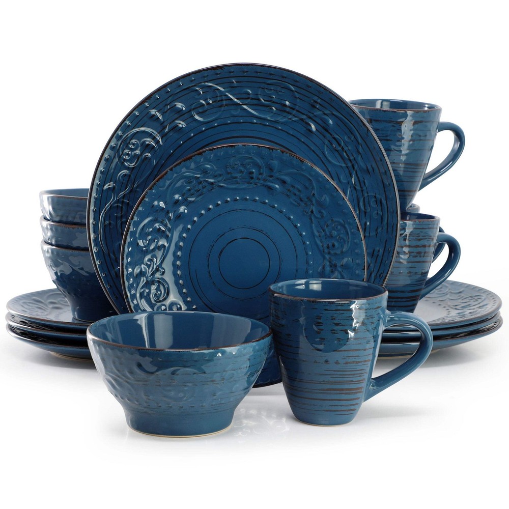 Elama Malibu Deep Ocean 16-Piece Stoneware Dinnerware Set Dark Blue
