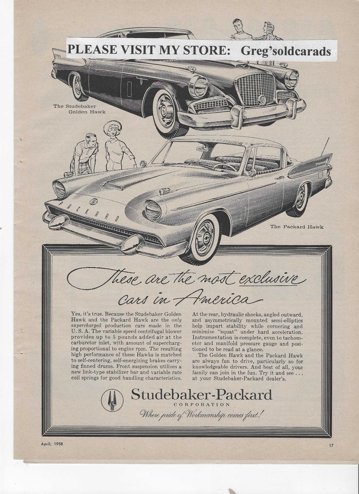 Original 1958 Studebaker Golden Hawk and Packard Hawk vintage print ad