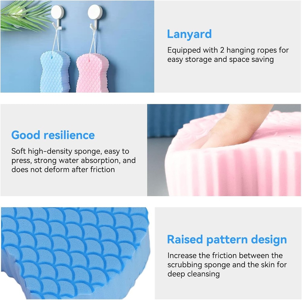 2PCS Exfoliating Bath Sponge, Fish Scale Pattern Shower Sponge 3D Super Soft Com