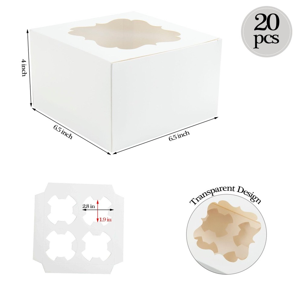 20 PCS 6.5x6.5x4 inch Cupcake Boxes with 4-Hole Inserts Window White
