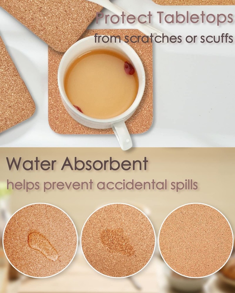 Cork Coasters for Drinks, 8 Pcs Square Extra Thick Absorbent Cork Coaster Set...