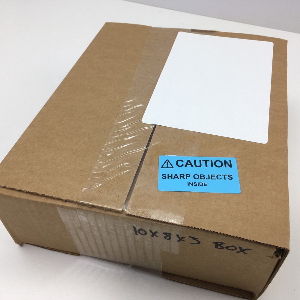 ⚠CAUTION SHARP OBJECTS INSIDE Warning Sticker Label BLUE 2.25" L x 1.25" H