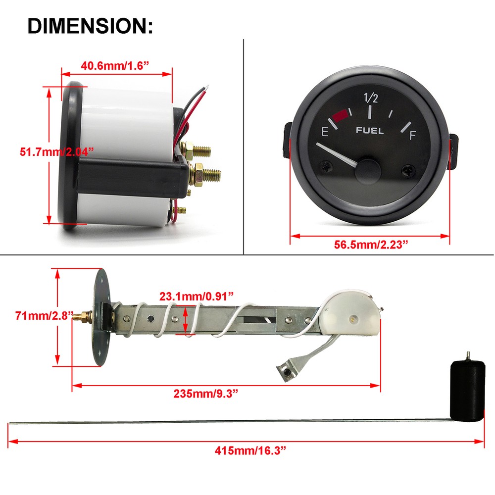 Universal 2"52mm Fuel Level Gauge Kit W/ Fuel Float Sensor E-1/2-F Pointer 12V