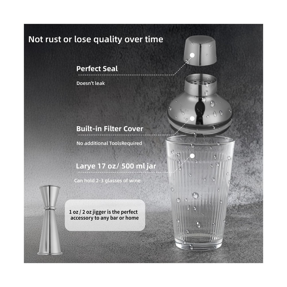 Silver Cocktail Shaker Set - Bartender Shaker Kit with Mixing Tools... Fast Ship