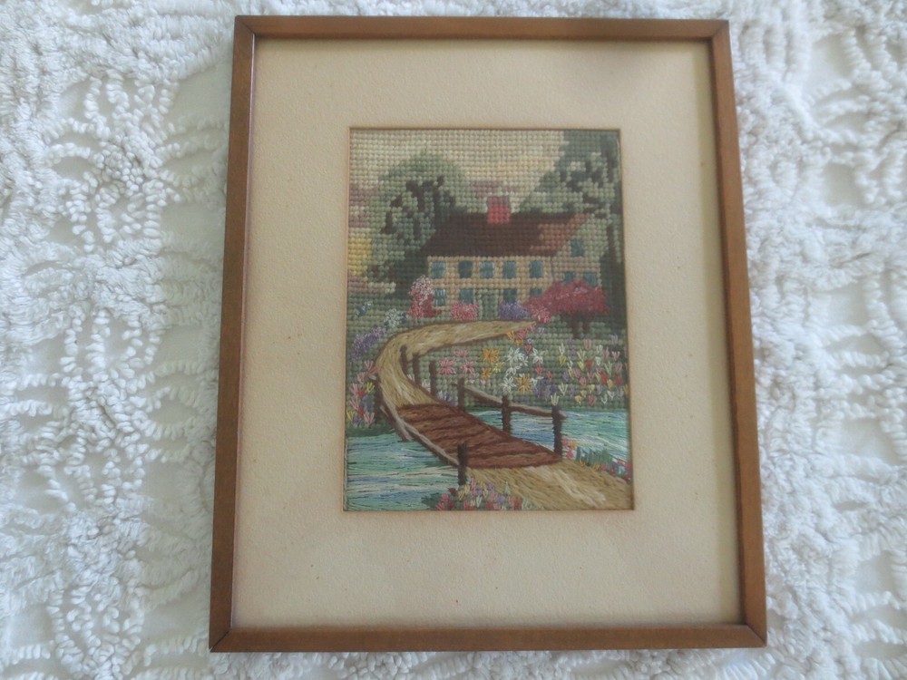 Signed/Dated 1938 DANIEL WEBSTER BIRTHPLACE Needlepoint WALL HANGING-9.5"x 11.5"