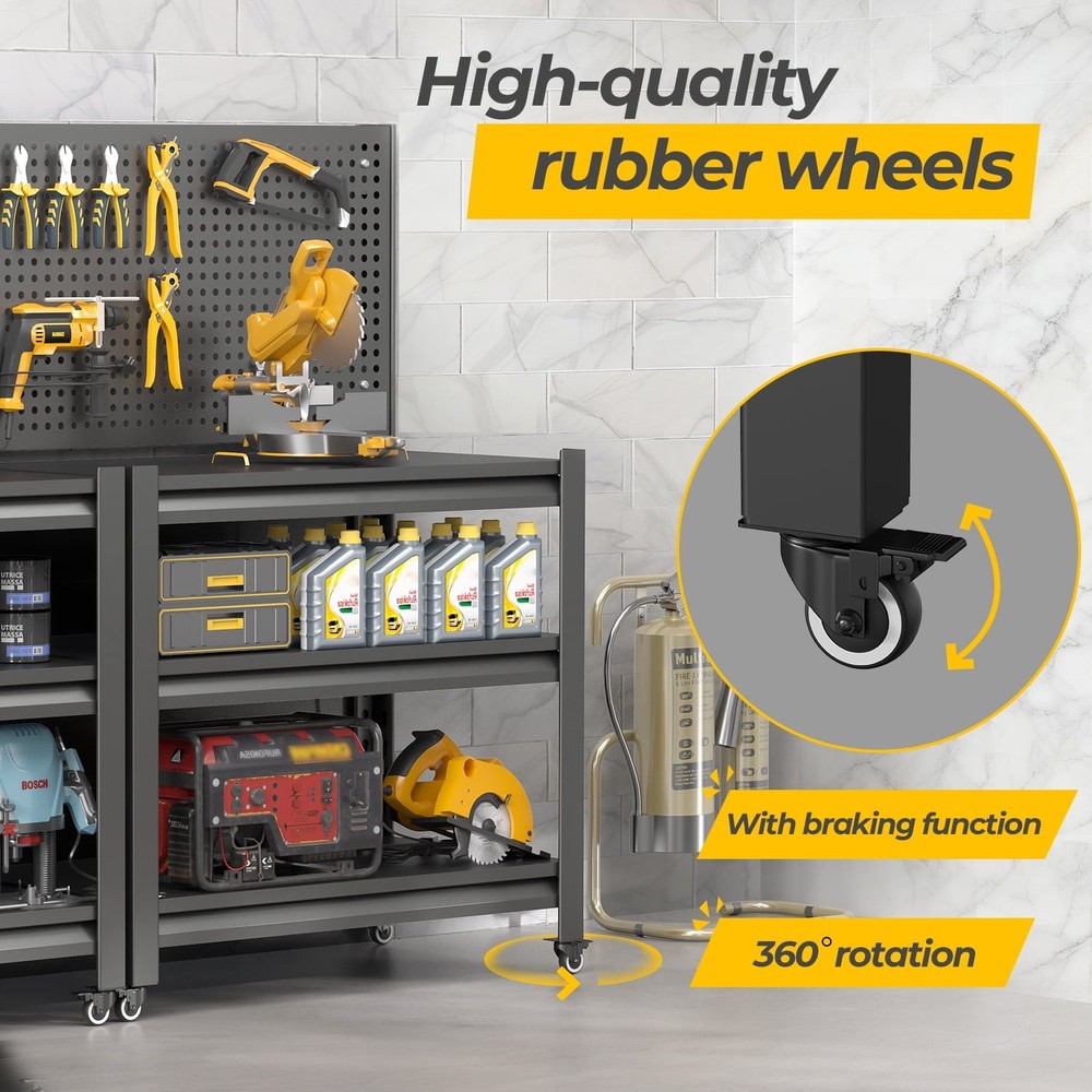Heavy Duty Garage Workbench w Pegboard Wheels Adjustable Tool Table