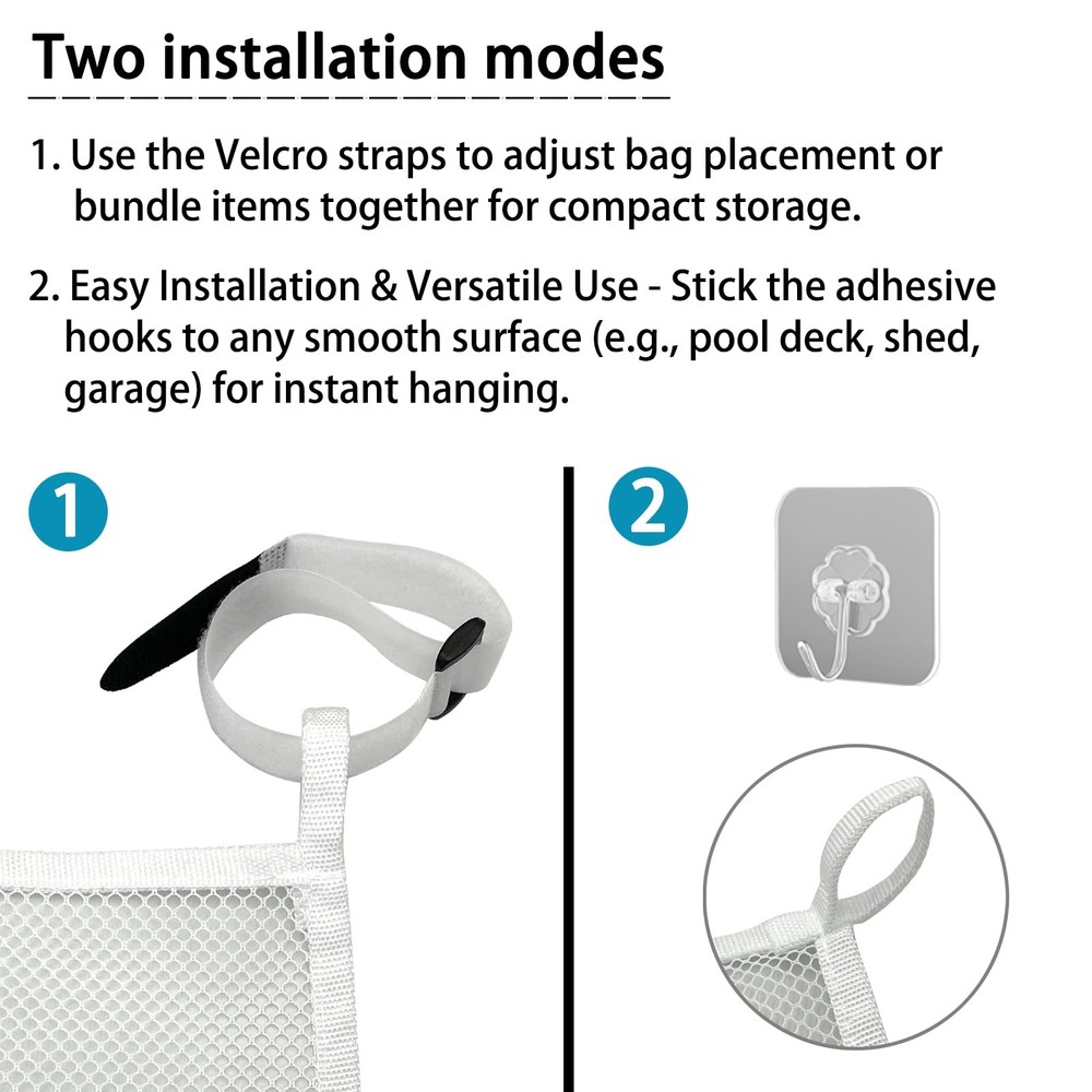 Poolside Pool Float Storage, 3-Pack Mesh Storage Bags with 6 Adhesive Hooks &...