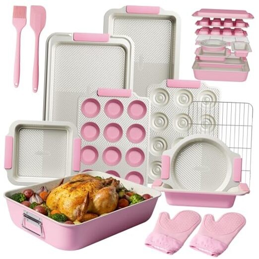 25 PCS Stackable Baking Pans Set, Non-stick Bakeware Sets with Silicone Pink
