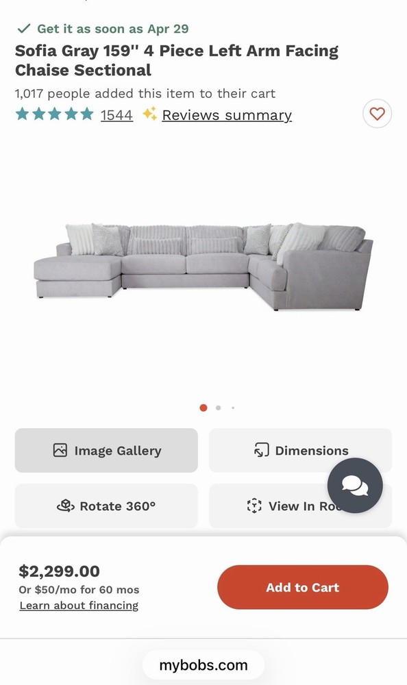 Bob's Sofia Gray 159'' 4-Piece Left Chaise Sectional Sofa Polyester