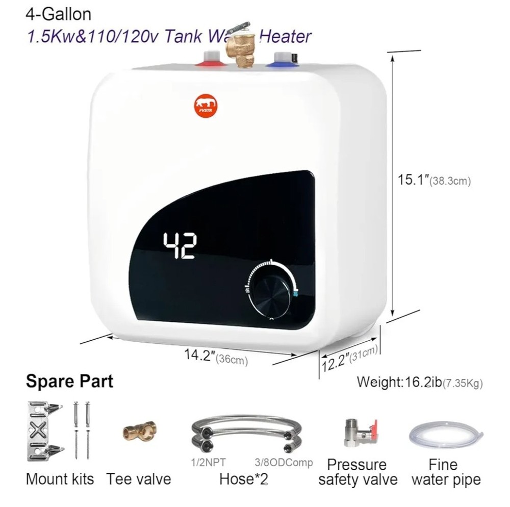 Electric Hot Water Heater 120V Tank Storage,Rv Tr 4 Gallon Trailer 1.5KW Kitchen