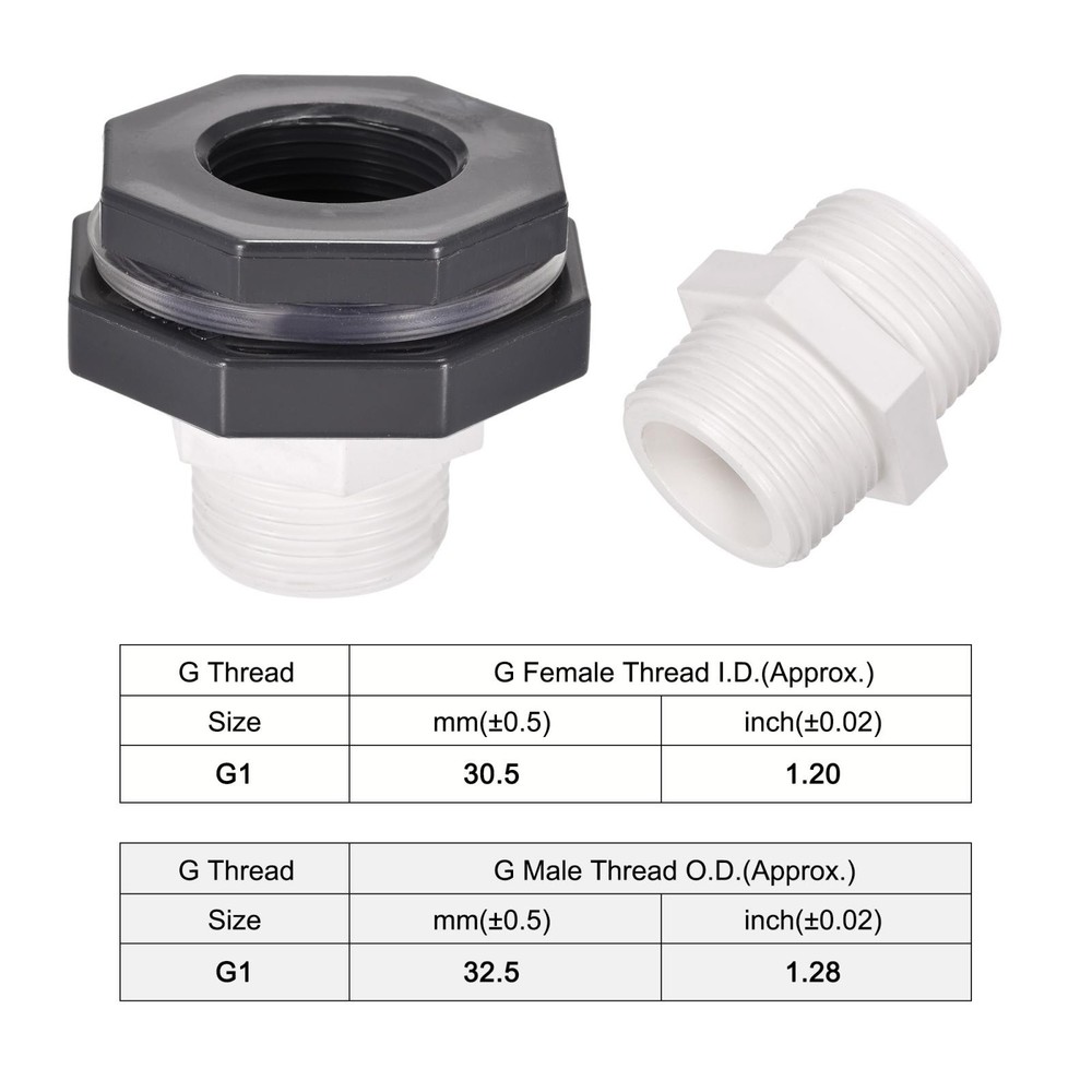 1 Set G1 Thread PVC Bulkhead Tank Adapter with Threaded Pipe Fitting