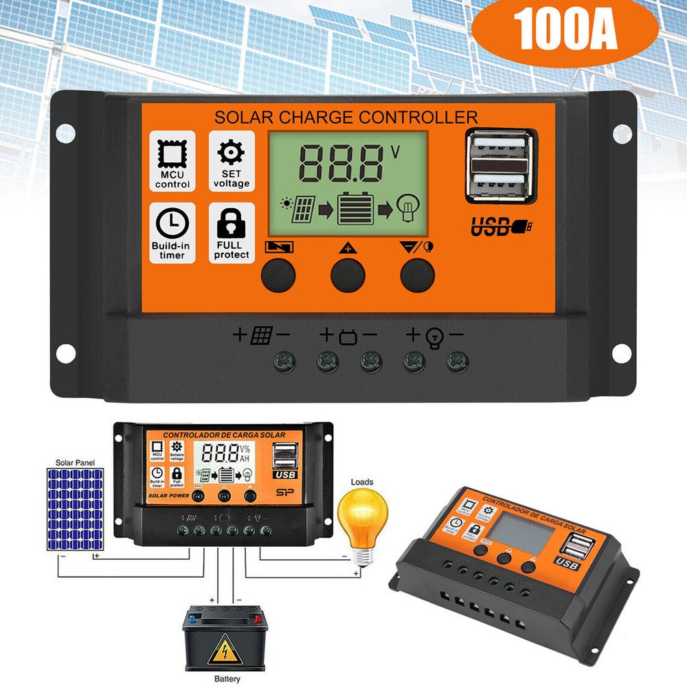Solar Charge Controller PWM Adjustable Charging Controller 100A Battery