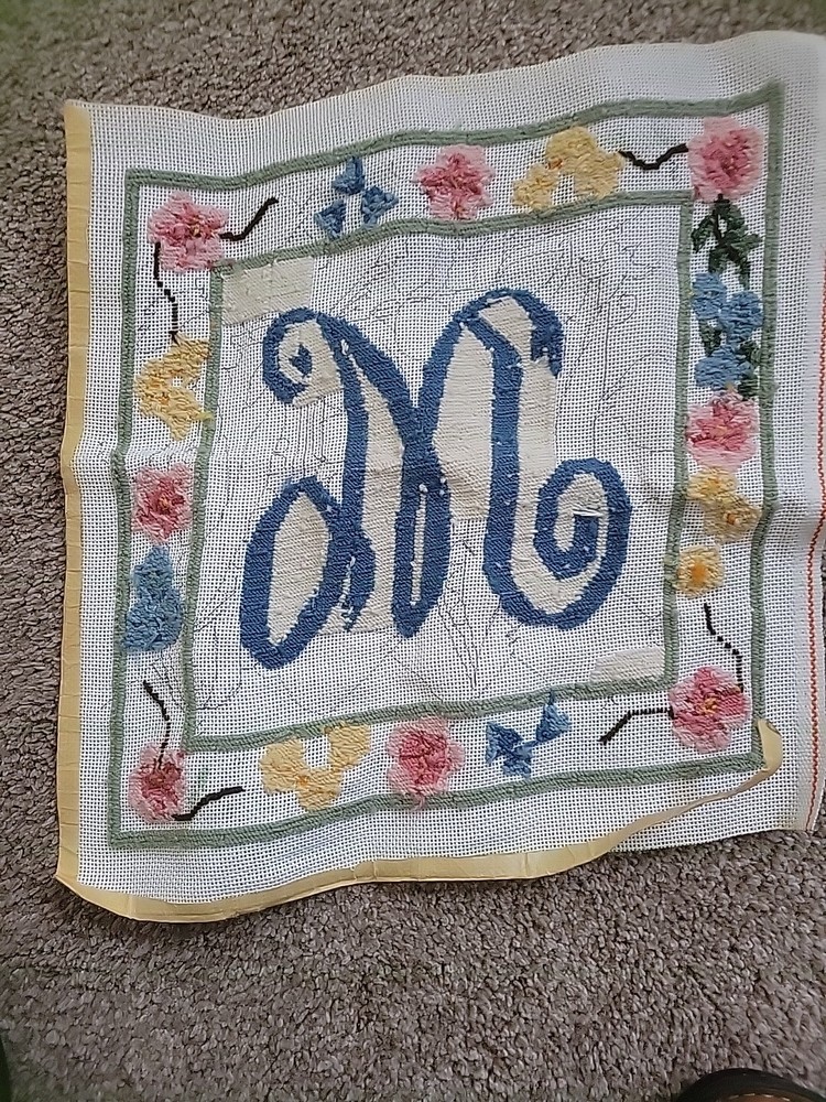 Initial M partially Complete Needlepoint Canvas 16" Pillow Size