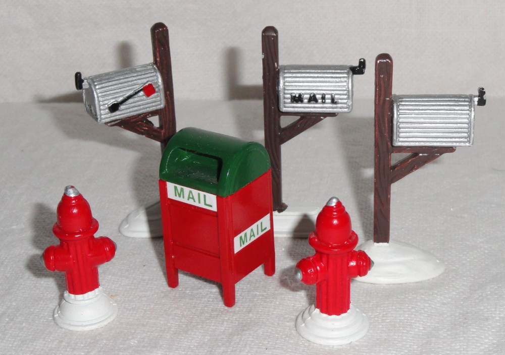 6 pc Dept 56 Accessories ~ 3 Mail Boxes on Post ~ Mail Box ~ Fire Hydrants