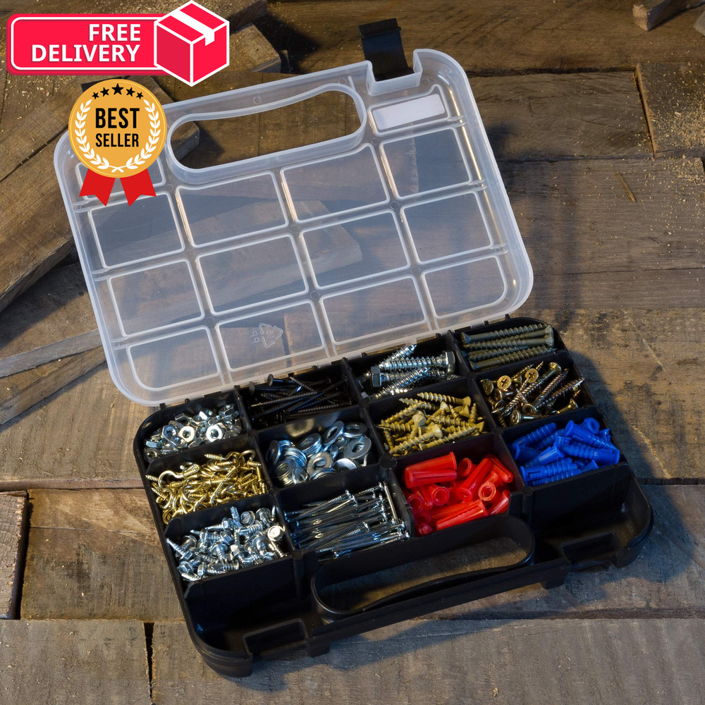 Hardware Organizer Box with Dividers - 14 Compartment Small 14 Bin, Black