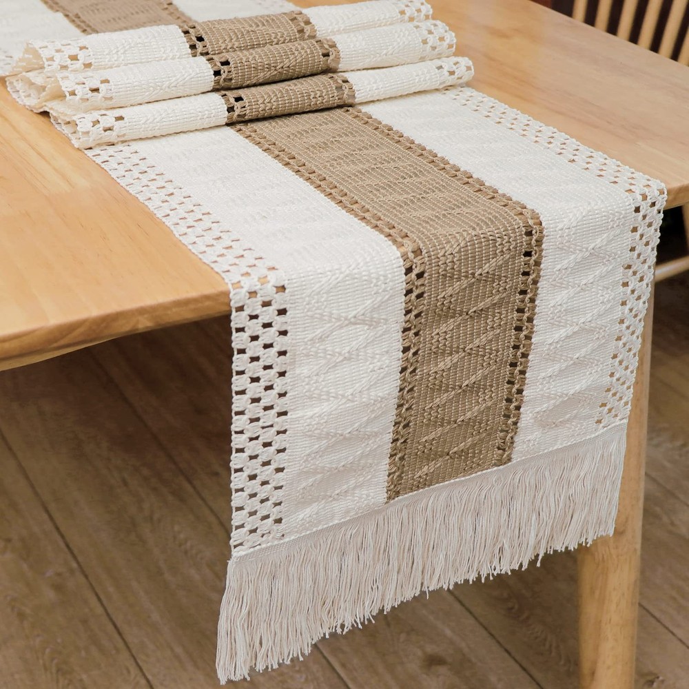 Macrame Table Runner Farmhouse Style, Natural Burlap Boho Table Runner Modern...