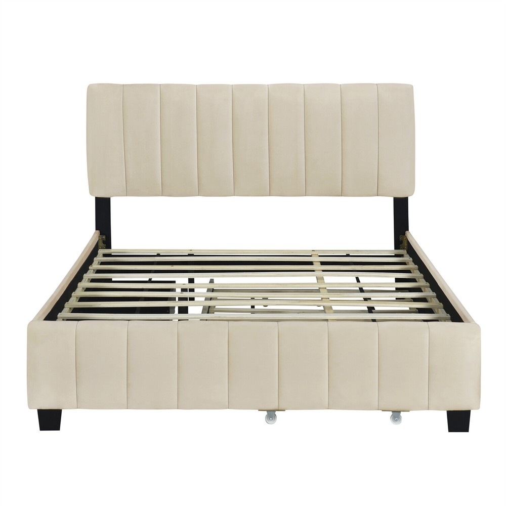 Queen Size Bed Frame Upholstered Platform Bed w/ Pull-Out Trundle & 2 Drawers