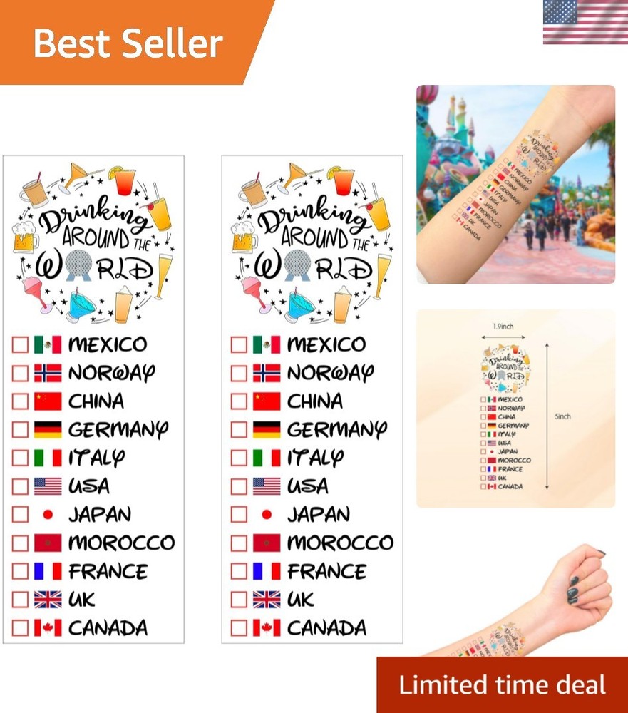 Water-Resistant Drinking Around The World Temporary Tattoos - 2 Pack for Travel