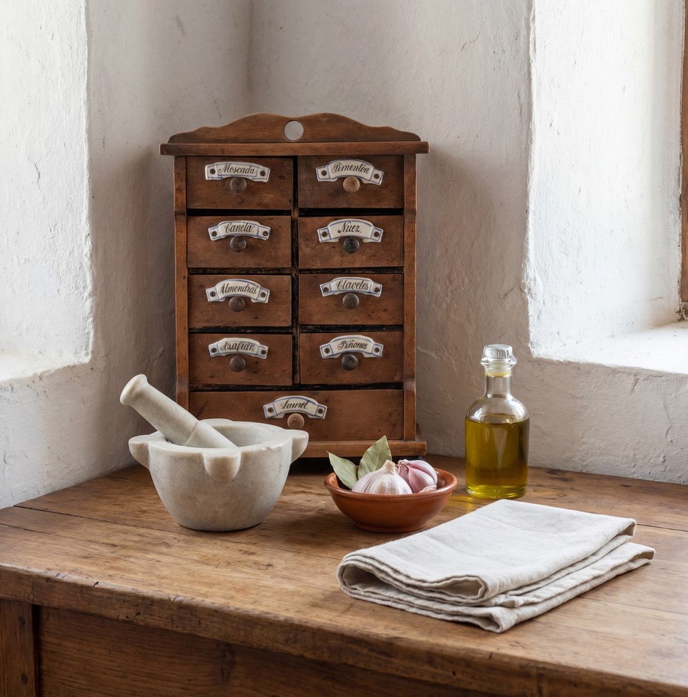 Spanish Rustic Wooden Spice Tree with Ceramic Labels, 1930s