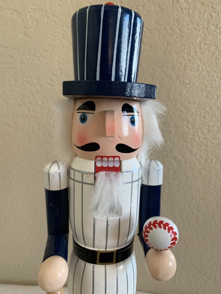 Painted Wood Nutcracker Baseball Themed White Pinstripes 15" Tall