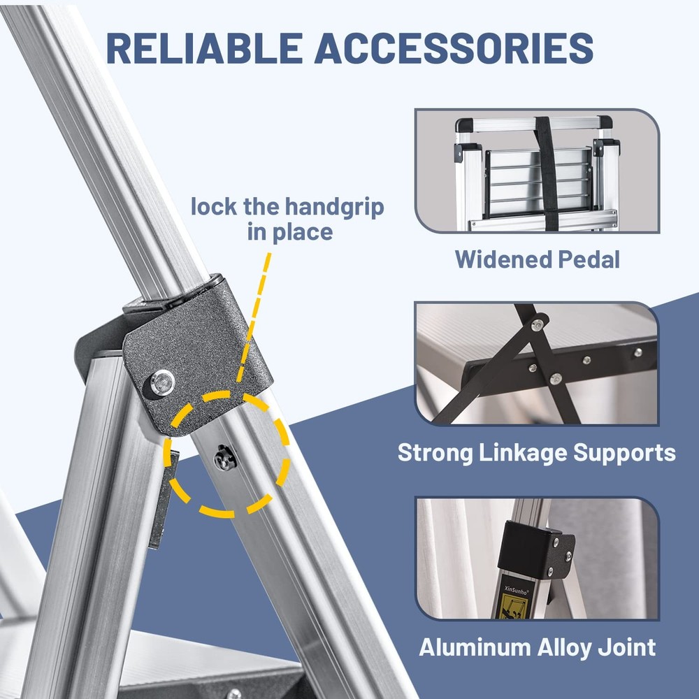 XinSunho 4 Step Ladder, Retractable Handgrip Folding 4 step, Silver