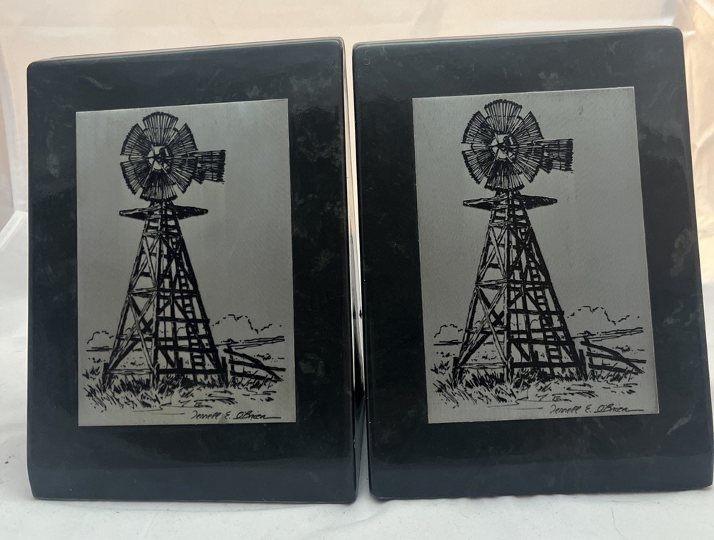 Bookends Black Marble With Windmills Etched On Metal Signed Terrell E. O’Brien