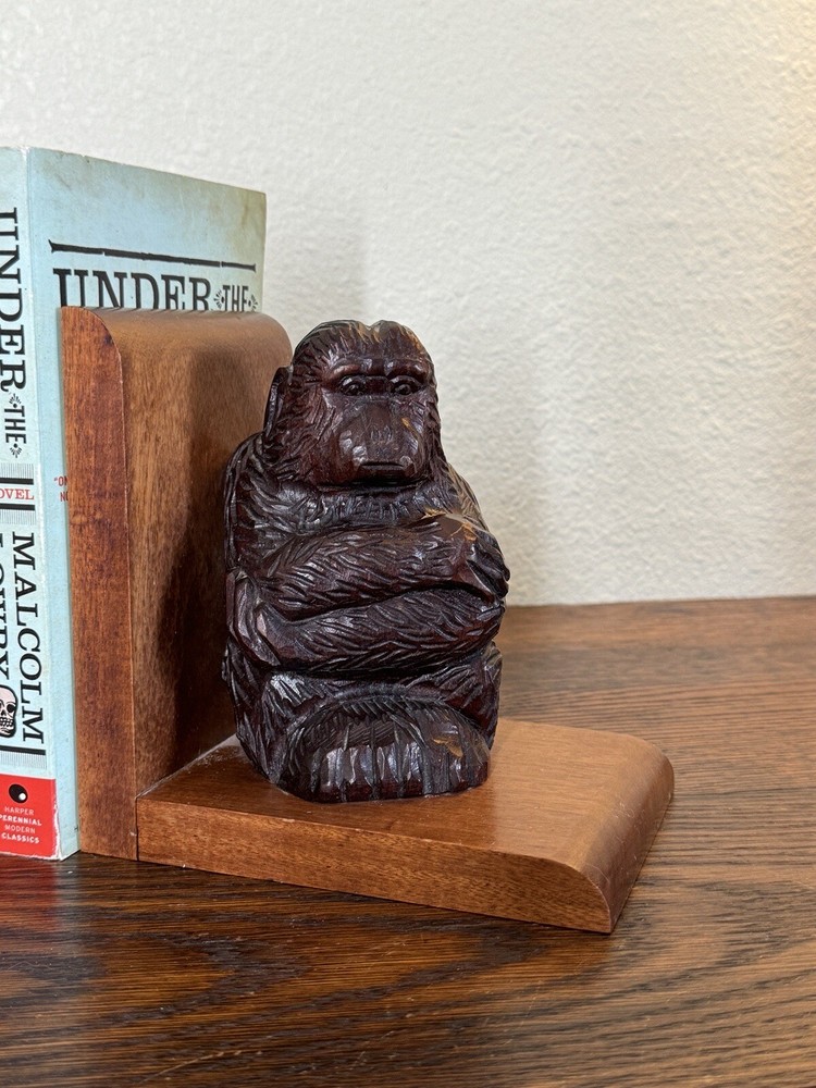 Monkey Bookend Hand Carved Solid Wood Bookend Vintage