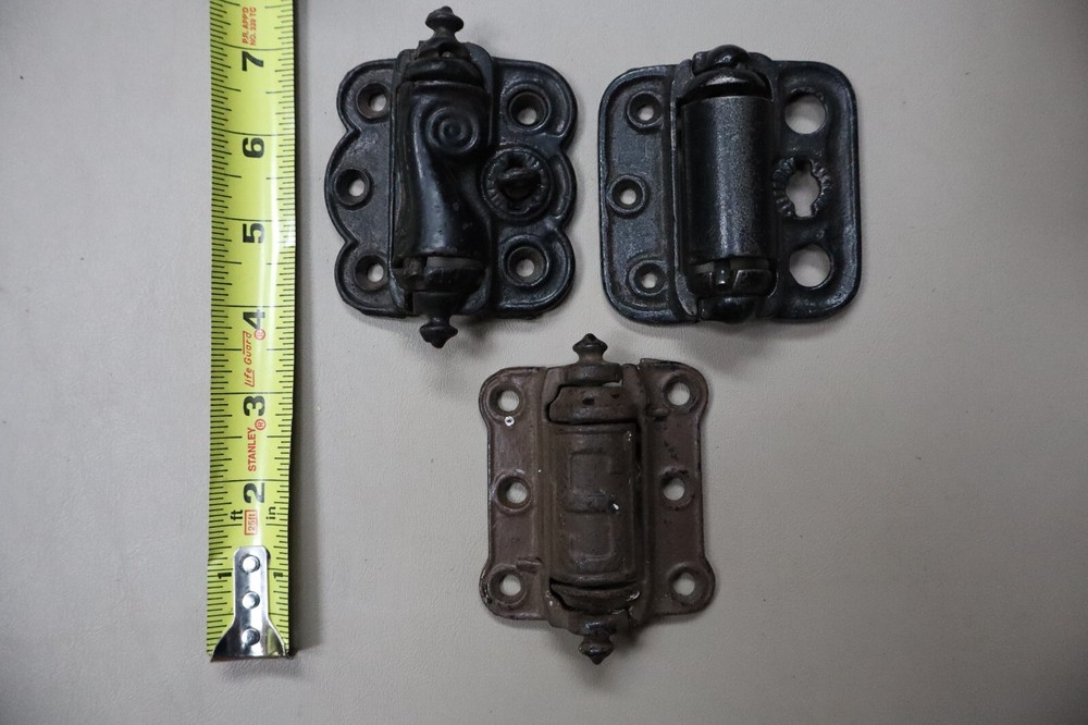 3 Different Antique Victorian Ornate Cast Iron Spring Hinges