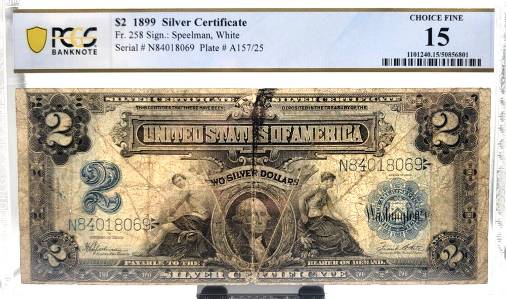 FR.258 1899 $2 DOLLARS SILVER CERTIFICATE NOTE, MINI PORTHOLE, PCGS CF 15