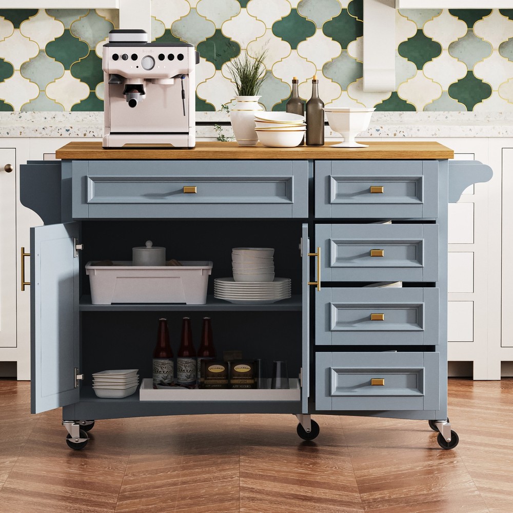 K&K 52'' Kitchen Island with Drop Leaf, Embossed Texture Kitchen Island on Whe