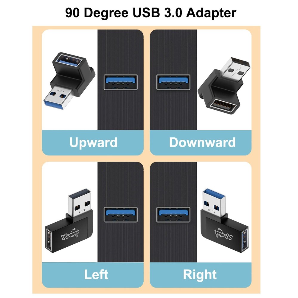 90 Degree USB 3.0 Adapter (4 Pack), Vertical Up and Down Angle, Horizontal Le...