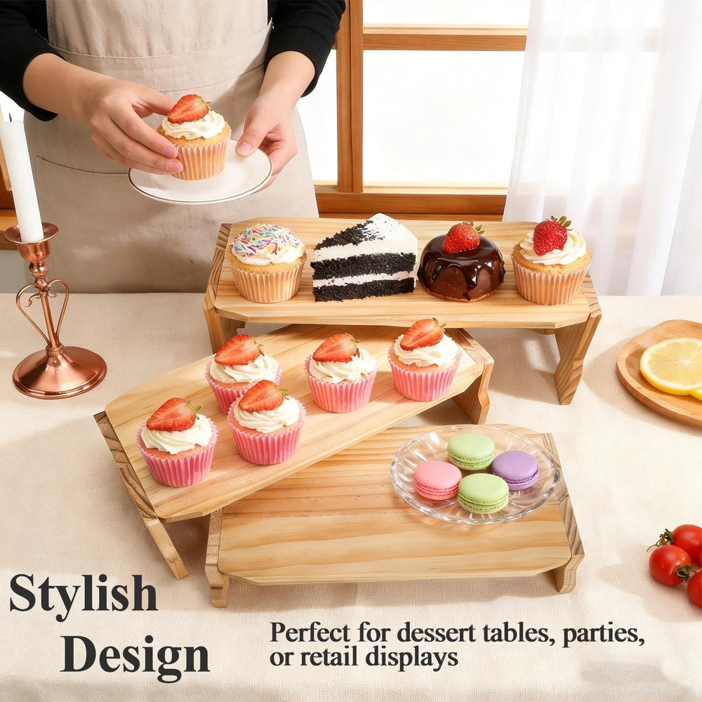 3 Tier Wood Display Riser, Stackable Cupcake Dessert Stand for 24 Cupcakes, R...