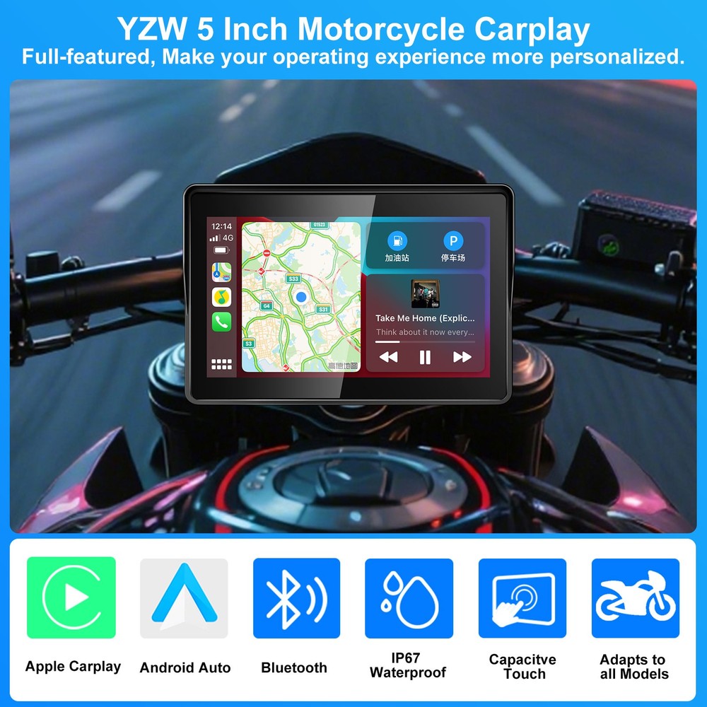 5" Waterproof Motorcycle Navigator Portable Wireless CarPlay Android Auto Screen