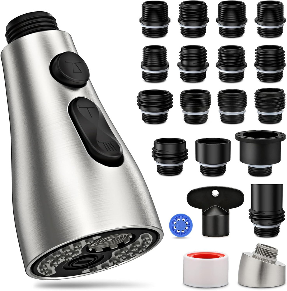 Kitchen Faucet Head Replacement 3 Modes with 17 Adapters, Pull down Spray Head f