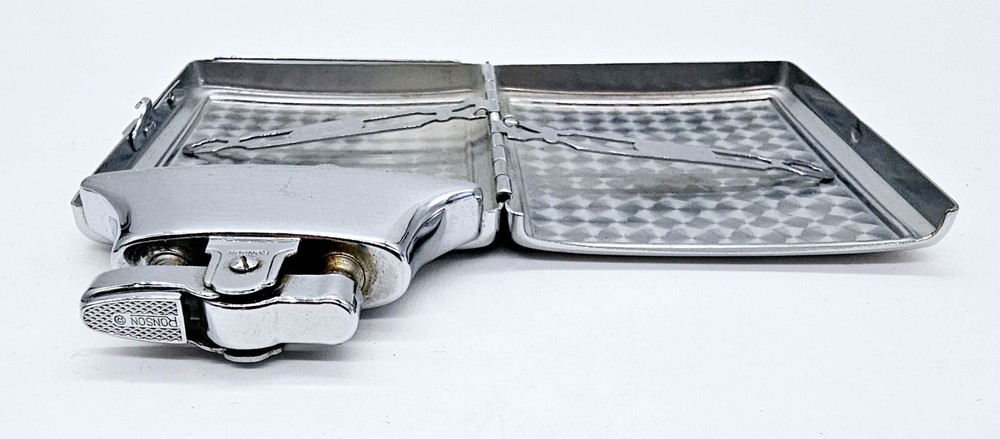 Ronson Cigarette Lighter & Case Combo w Pouch Art Deco Chrome Plated Mastercase
