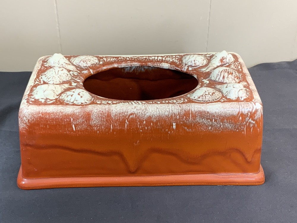 Vintage 60s 70s Retangular Ceramic Tissue Box Brown Drip Glaze Shells Beach