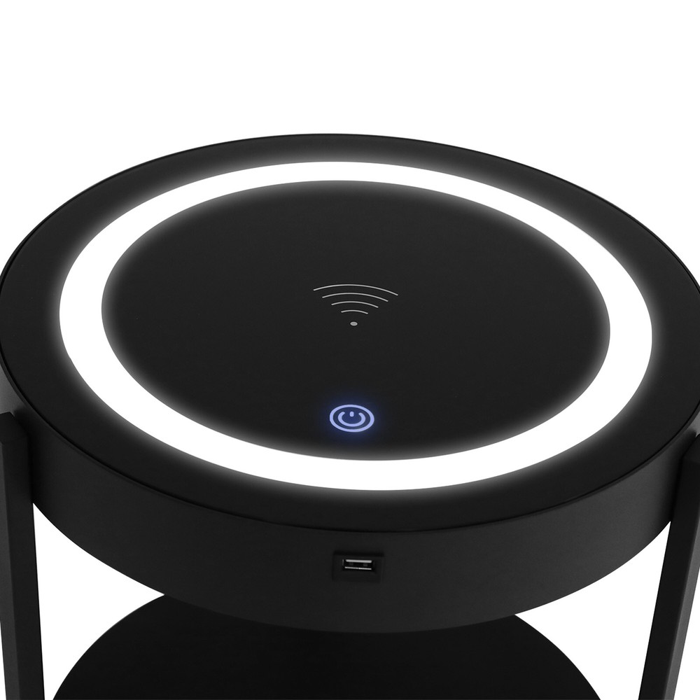 LED Nightstand w/ Black Drawer Side Table with USB & Wireless Charging