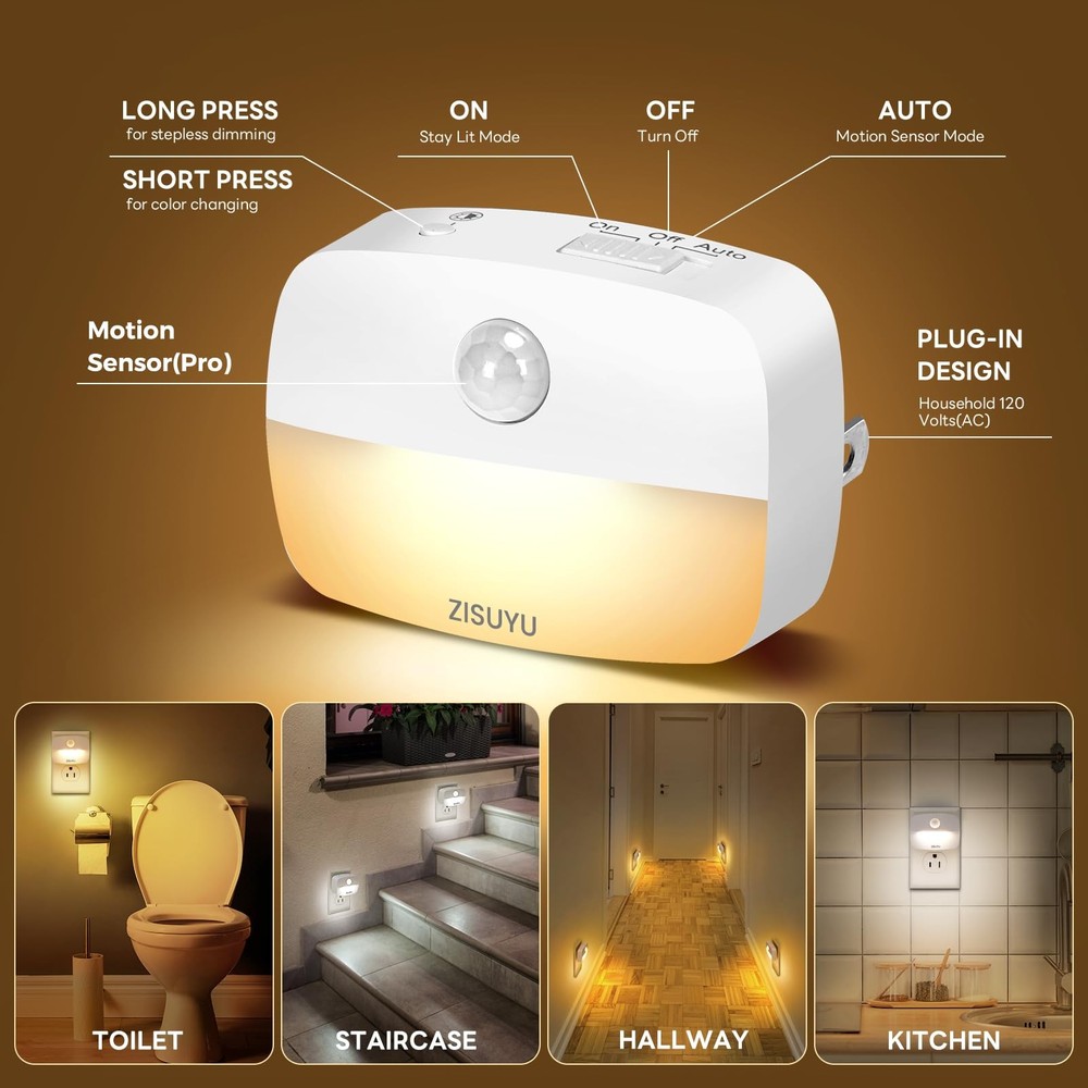 ZISUYU Plug-in LED Night Light Motion Sensor Dimmable Color-Changing 6 Pack