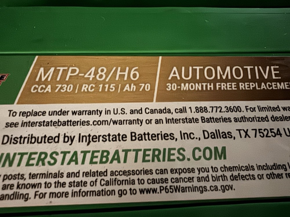 Interstate MTP-H6 Battery . 730 CCAs 8/25 Sticker