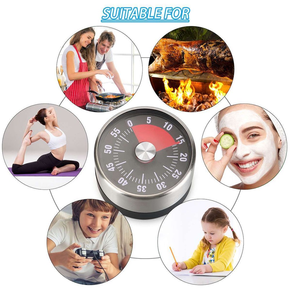 Mechanical Kitchen Timer 60min Countdown Cooking Reminder Visual Magnetic Alarm