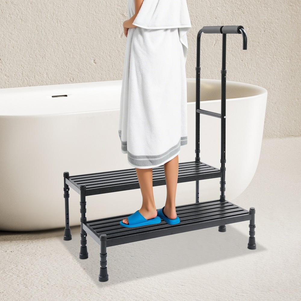 2-Step Stool with Handle, Black Floor Standing Metal Stepping Stool New