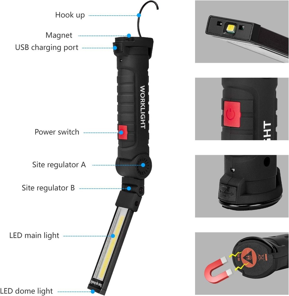 2 Pack Magnetic Base LED COB Work Light Rechargeable Mechanic Torch Flashlight