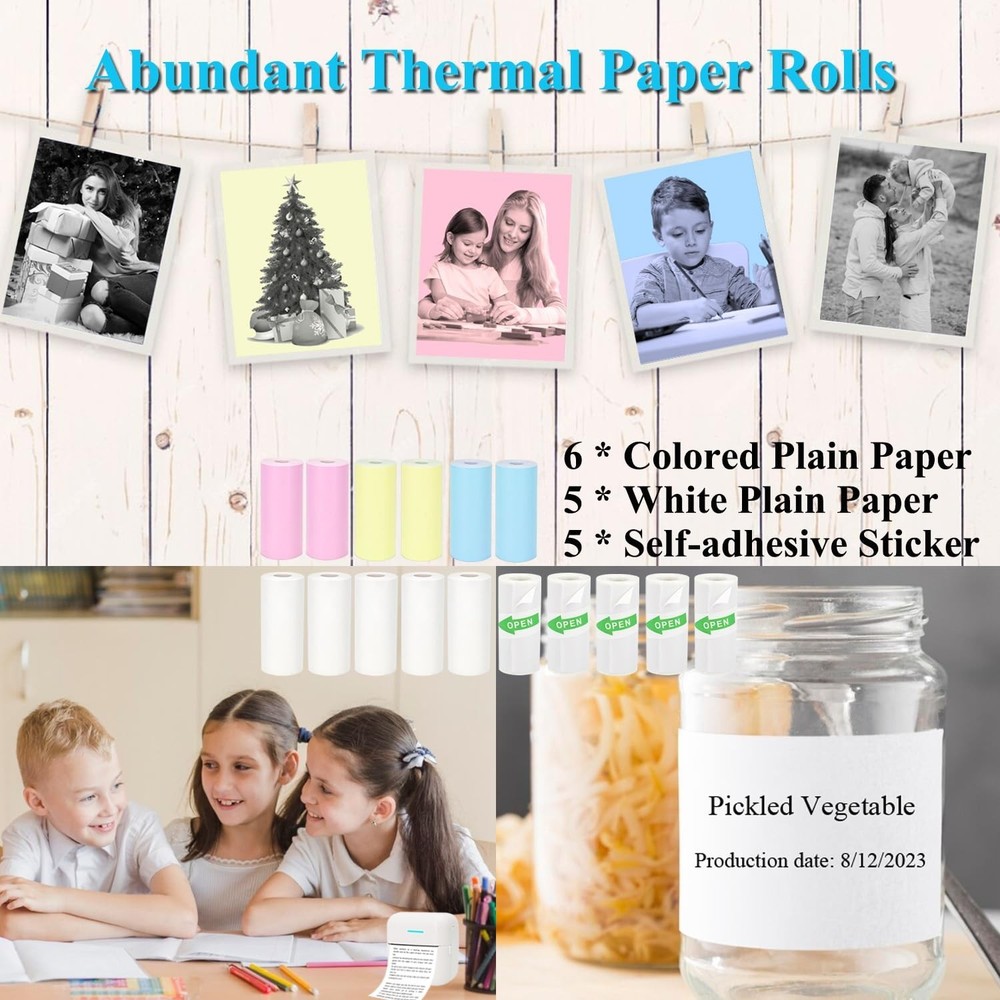 16 Rolls Mini Printer Paper, Including 5 White Sticker, 6 Colored Plain, and ...