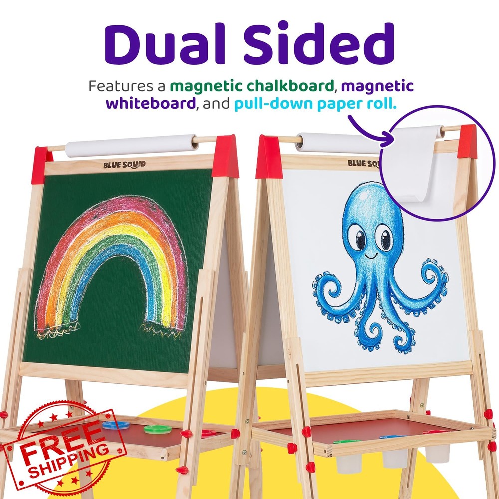 Blue Squid Art Easel Kids Double Sided w/ Paper Roll 100+ Access