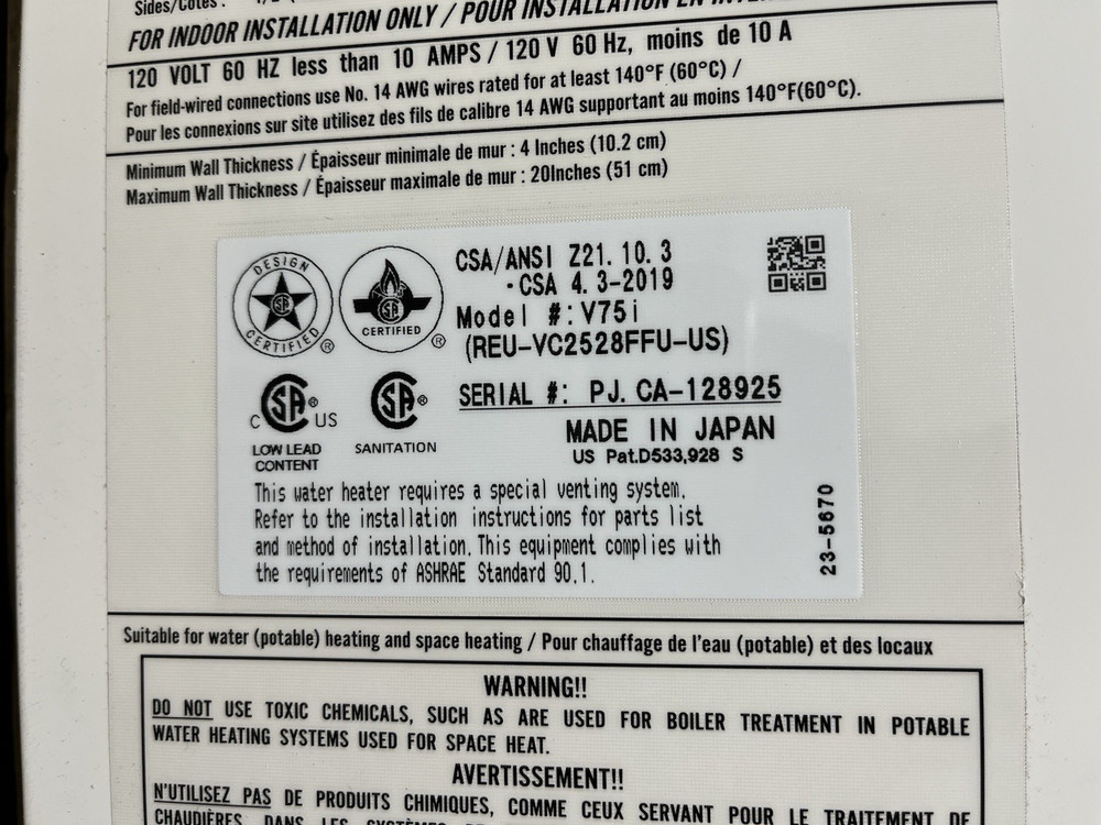 Rinnai V75iN Indoor Tankless Water Heater 180k BTU Natural Gas (B-13 #1596)