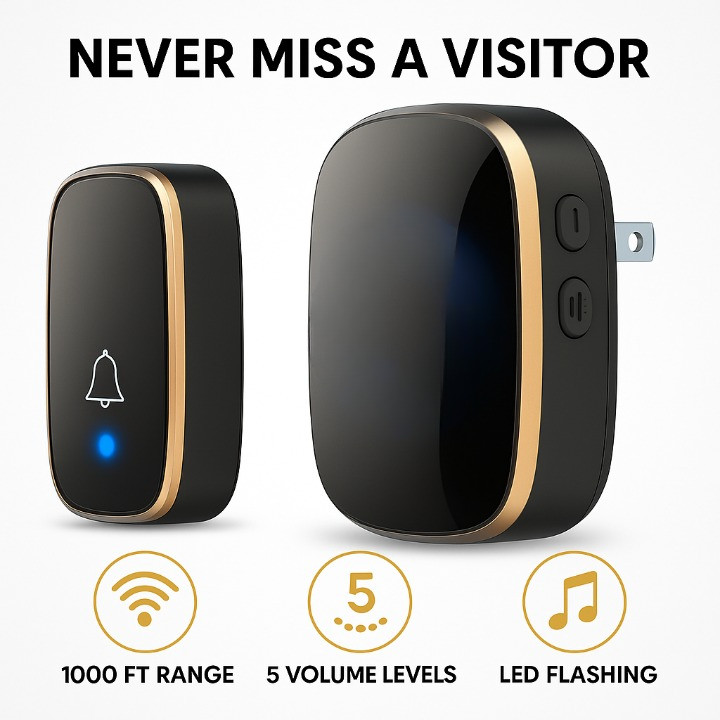 Wireless Doorbell Kit 1000Ft Range 52 Chimes LED Light 5 Volume Level Waterproof