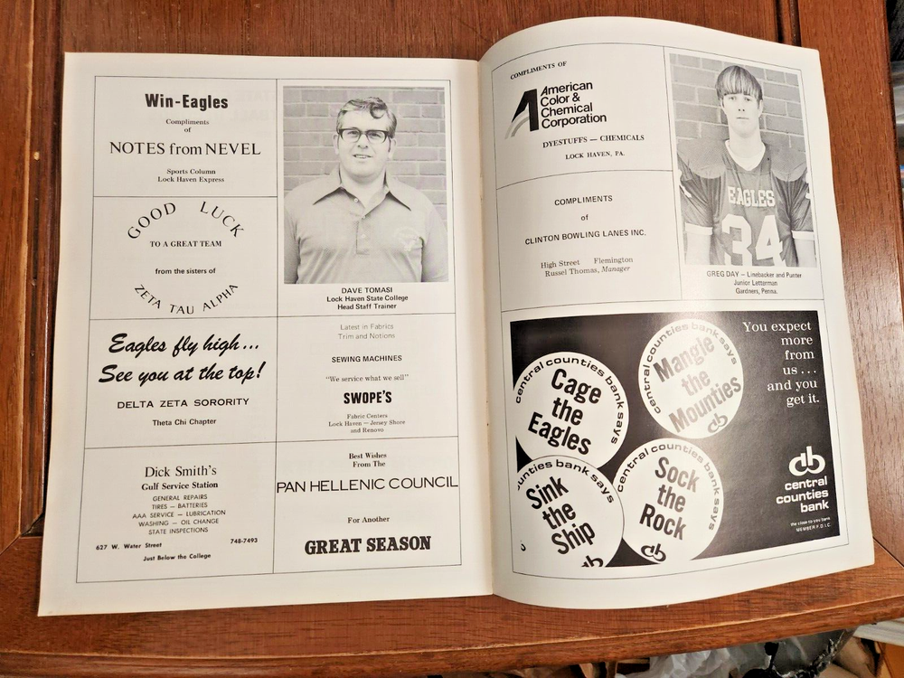 1974 LOCK HAVEN STATE vs MANSFIELD STATE Football Program Oct 26 CHUCK VENNIE