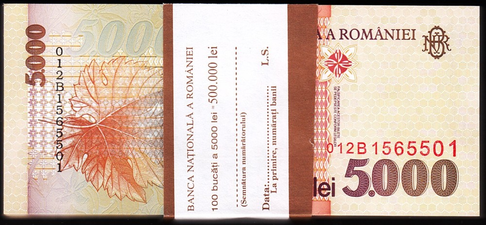 Romania 5000 Lei 1998, UNC, BUNDLE, Pack of 100 PCS, Consecutive, P-107
