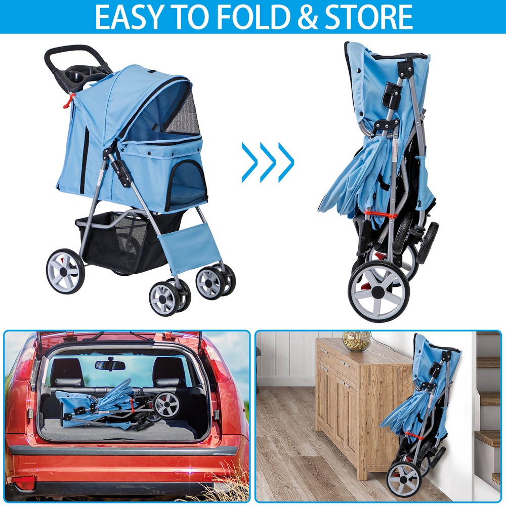 4 Wheel Pet Stroller Foldable Dog Stroller Cat Stroller with Storage Basket Blue