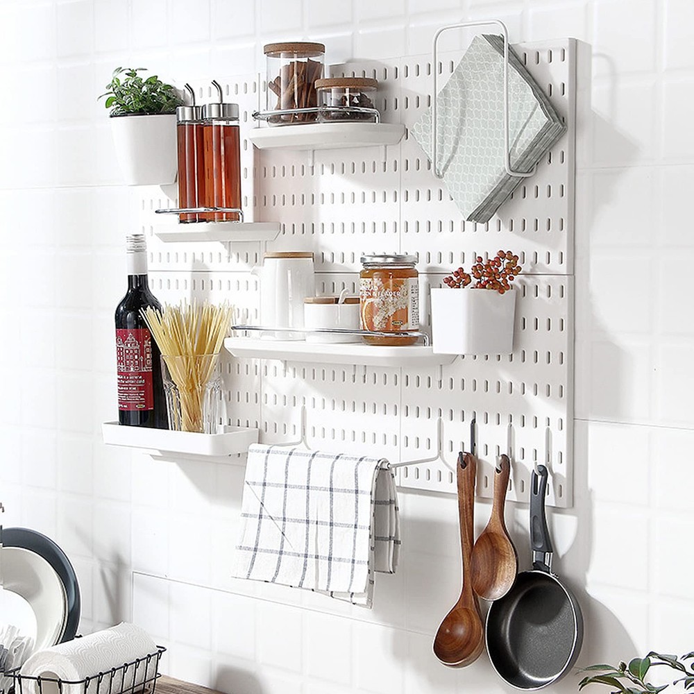 4 PCS White Pegboard Wall Organizer Self-Adhesive Peg Board Wall Panel Kits S...